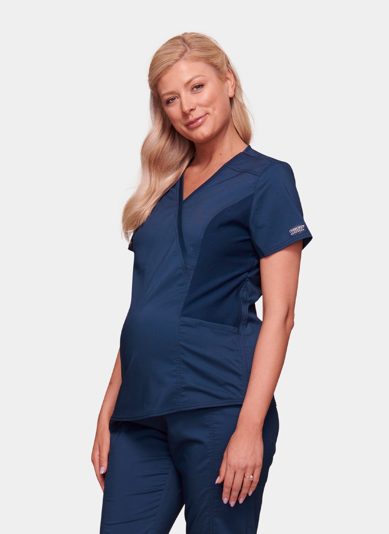 Cherokee WW Revolution Maternity Mock Wrap Scrub Top WWE688-Navy